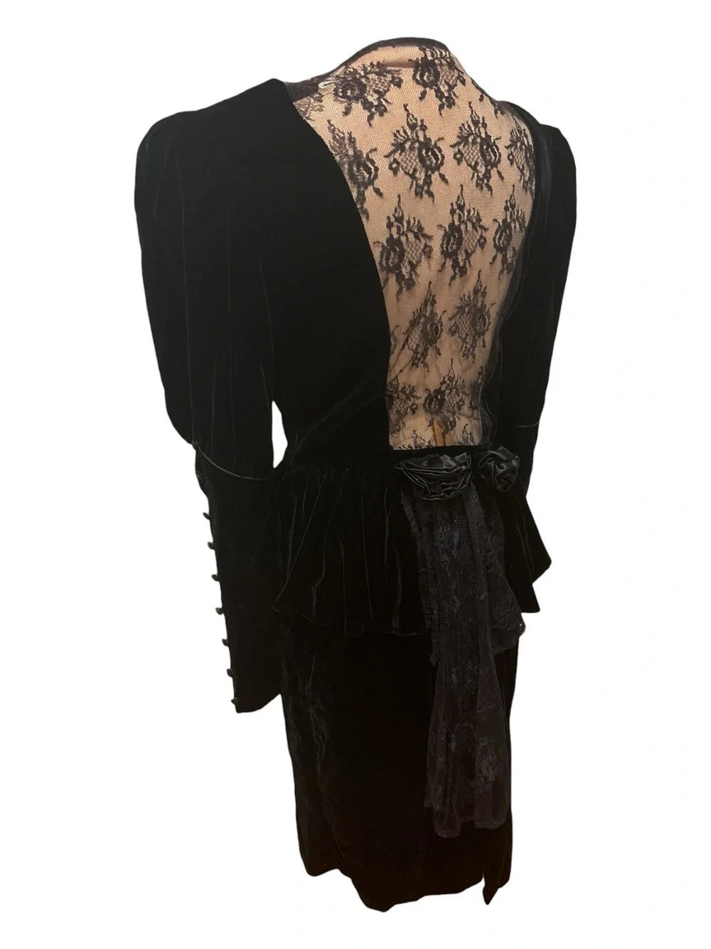 80s 2PC GOTH BLACK VELVET FITTED PEPLUM JACKET W LACE BACK INSERT & PENCIL SKIRT